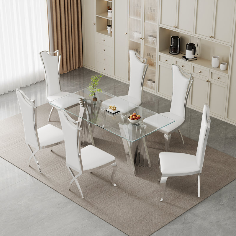 Ensemble repas, 5 pièces: table, 4 chaises, Argent argent, Blanc / argenté