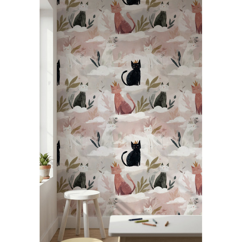 Murale de chats fantaisiste avec fond d'écran pastel, Peler et coller