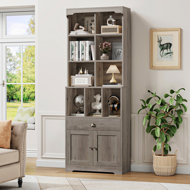 79.9"H Storage Bookcase With Drawer, Grey