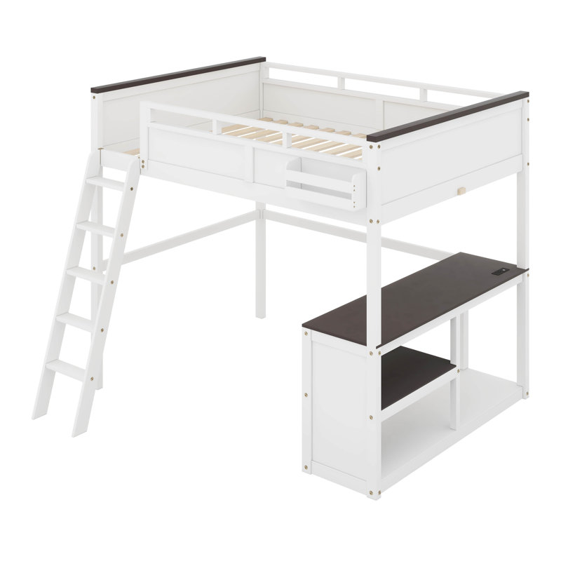 Queen Size Loft Bed With Built-In Desk, Open Shelves