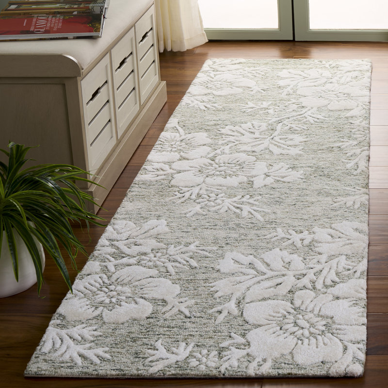Glamour 151 Hand Tufted Wool/Cotton/Viscose Floral Rug in Green/Ivory, Runner 2'3" x 8'
