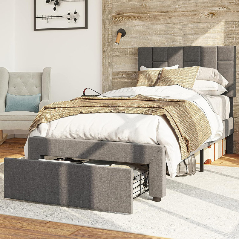 Lashawnda Modern Style Fabric Upholstered Bed Twin Size Platform Bed With Storage Drawer, Gris