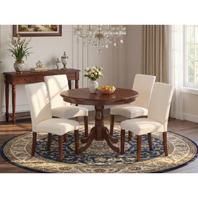 5 Piece Dining Set Includes a Round Dining Room Table with Pedestal and 4 Cream Linen Fabric Upholstered Parson Chairs, Mahogany