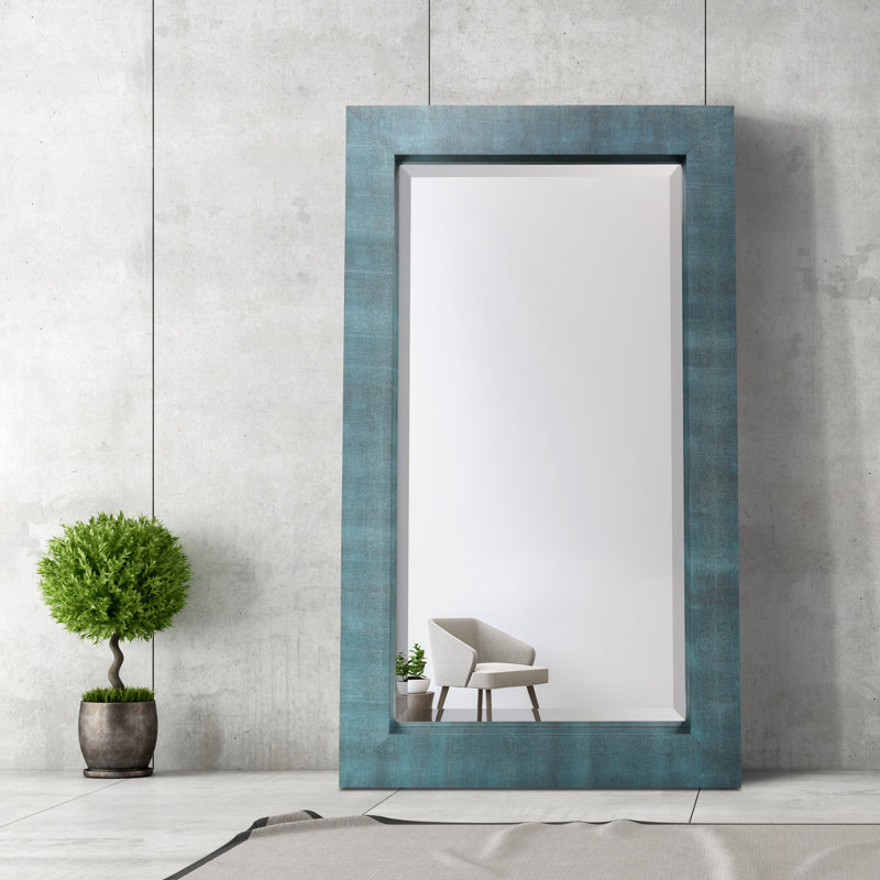 Miroir d'appoint biseauté en cuir chagrin métallique, Noir / Bleu