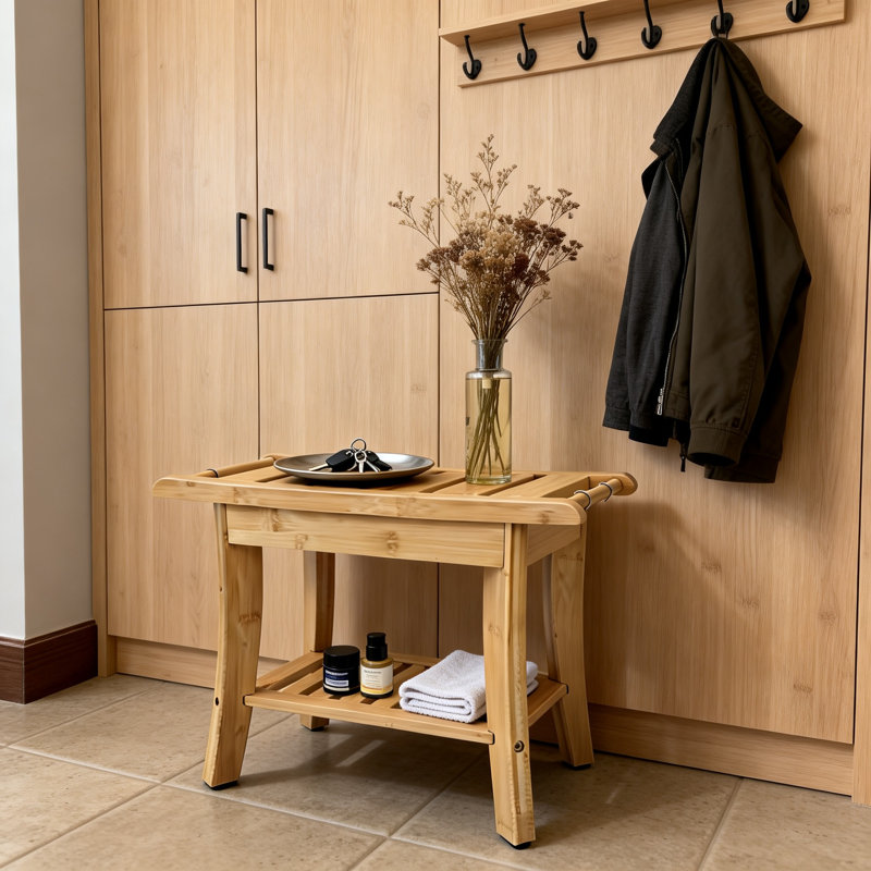 Bamboo Shower Stool Bench Waterproof with Storage Shelf, Includes 2 metal hanging hooks(Bamboo)