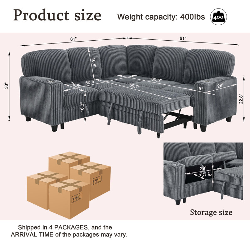 Canapé-lit modulaire convertible de 81 po avec lit escamotable de 81 po, canapé en velours côtelé modulaire en L moderne à 5 places avec méridienne de rangement et chargement USB pour le salon et l’appartement