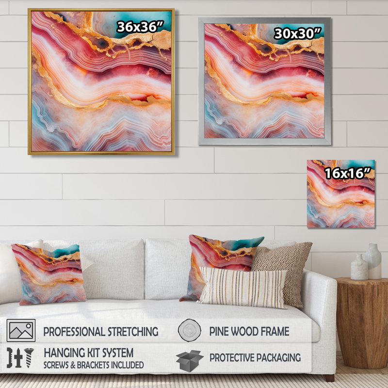 Agate, turquoise, or, rouge, marbre, art mural, salon, Cadre flottant doré, H 36 po x l 36 po