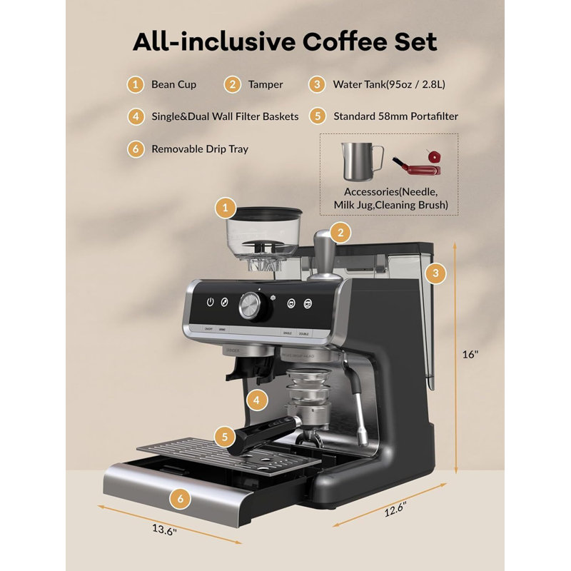 Machine à expresso semi-automatique 20 bars avec broyeur et mousseur à lait