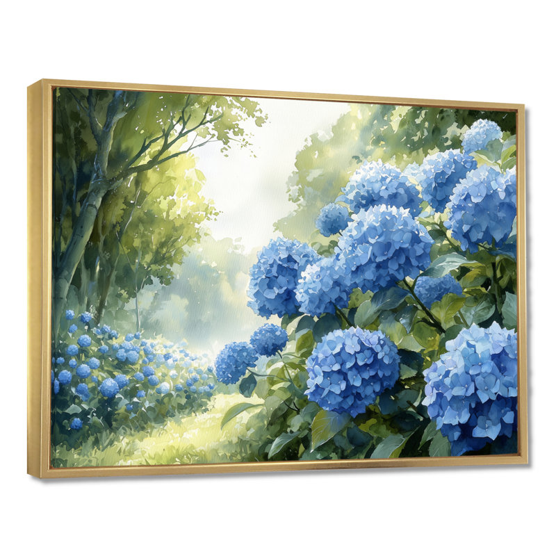 Hortensias dans le verger - hydrangées, art mural, Cadre flottant imprimé sans passe-partout, H 24 po x l 32 po, Doré