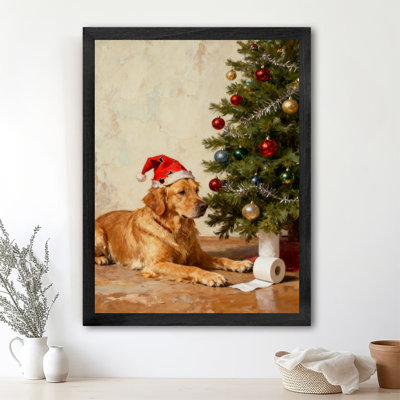 Reproduction d'art encadré noir avec chien de Noël rétro et son arbre de Noël en papier, peinture à l'huile hyperréaliste