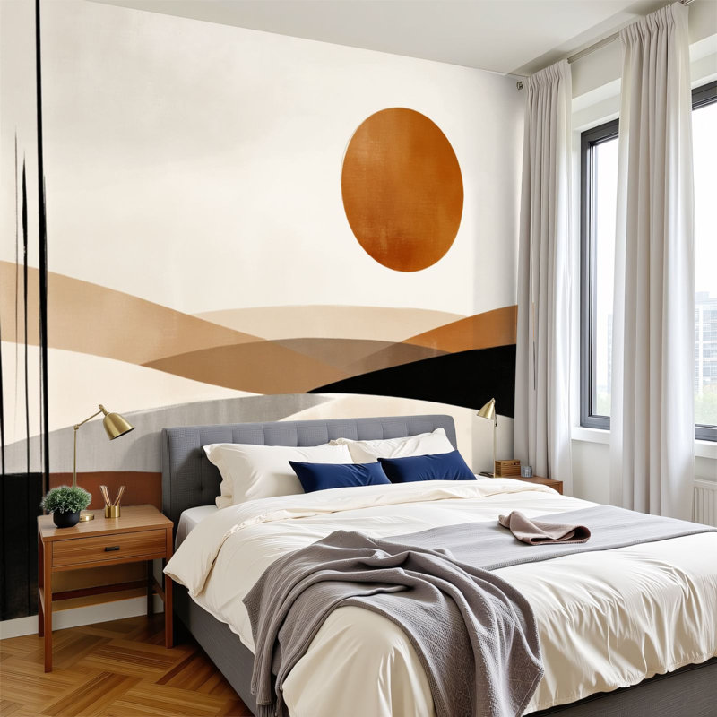Papier peint adhésif moderne à décoller et à coller, motif mural autocollant pour chambre à coucher, paysage abstrait, soleil orange, tons terreux incurvés