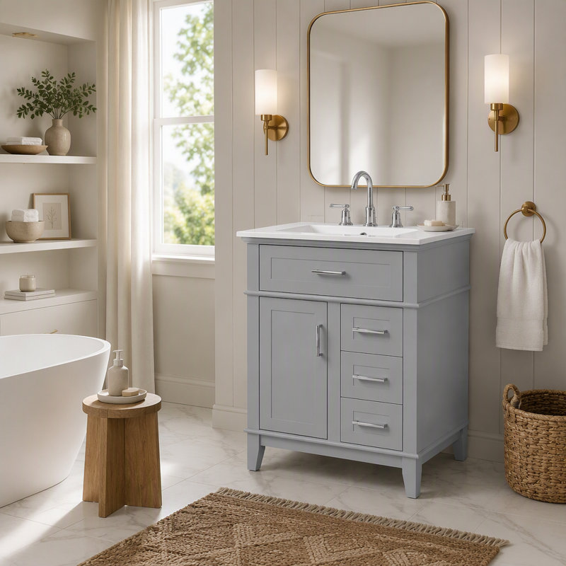 Meuble-lavabo de 24 po avec lavabo en céramique, structure en bois massif et armoire en panneau de fibres à densité moyenne, 1 porte, tiroir rabattable et 3 tiroirs, charnières à fermeture en douceur, tablette réglable, poignées argentées