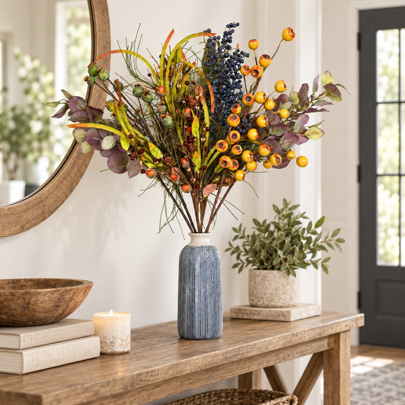 Feuilles d'automne artificielles mixtes 36 po avec gousses de pavot, baies et eucalyptus