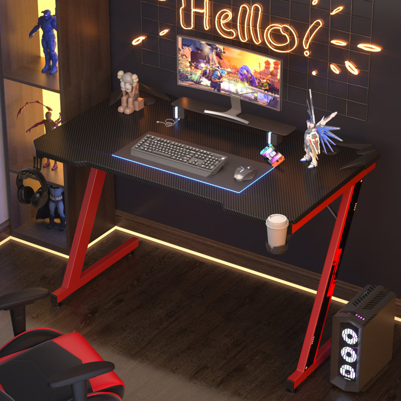 Bureau de jeu en fibre de carbone Heidrick, H 29,3 po x l 44 po x P 23,6 po, Noir / rouge