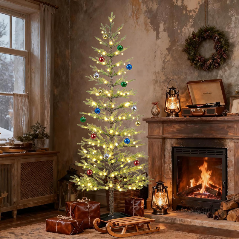  Arbre de Noël à aiguilles blanches 7,5 pi avec des ornements, télécommande et transformateur à intensité variable