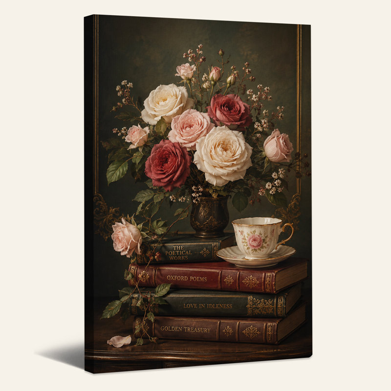 Roses rouges et crème avec livres empilés et tasse de thé, art mural d'Halloween, H 48 po x l 32 po