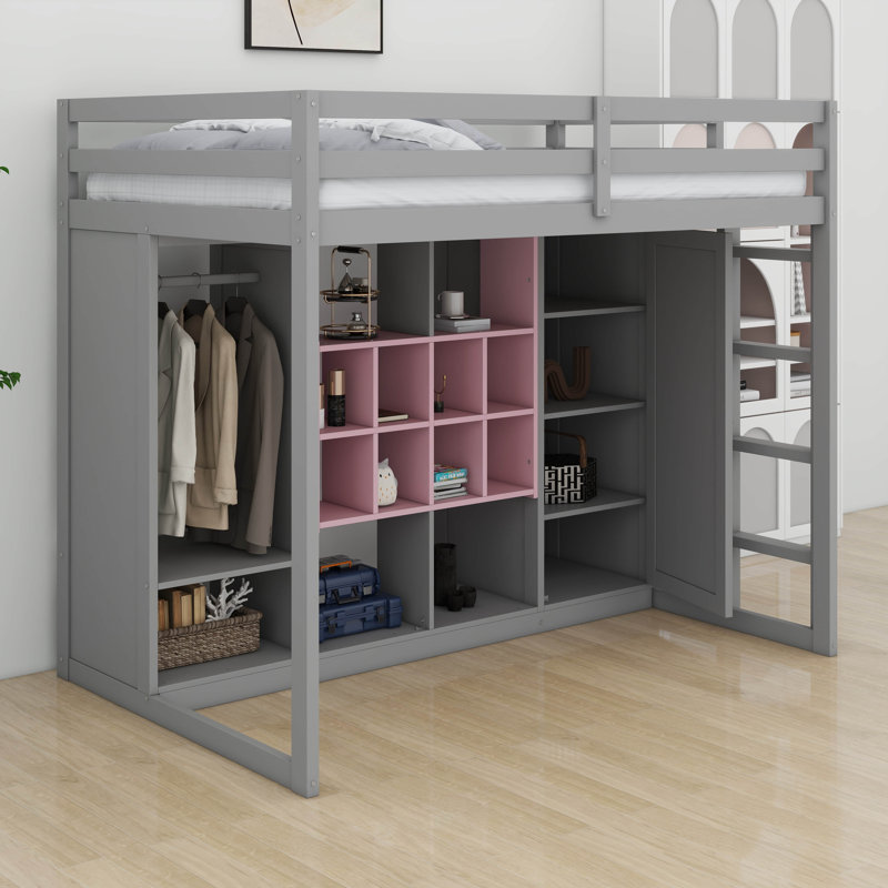 Lit mezzanine pour enfants avec garde-robe et tablettes, structure de lit mezzanine en bois avec armoire de rangement pour enfants