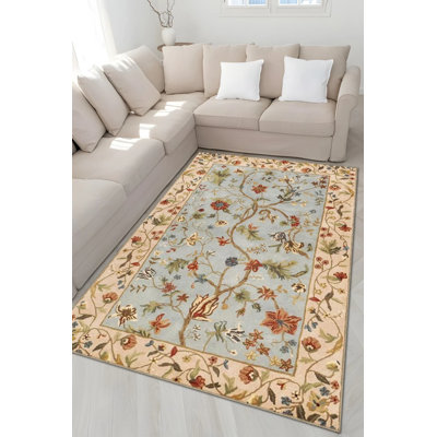 Light Blue Themed Ivy And Flower Patterned Vintage Decorative Carpet