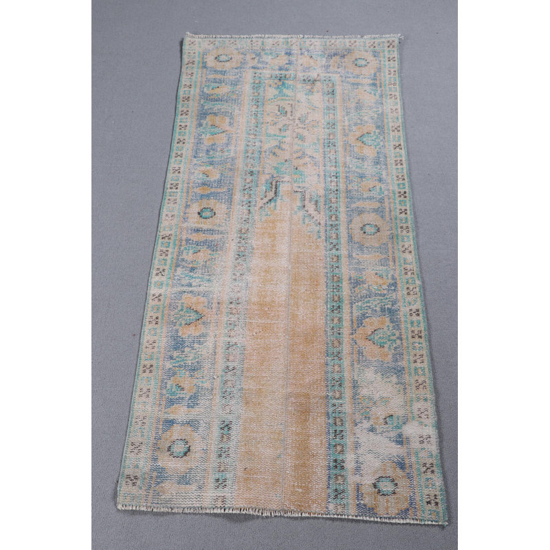 Handcrafted Vintage Turkish Rug in Soft Blue and Beige with Geometric Patterns Perfect for Enhancing Your Doorway Aesthetics in Pastel Colors