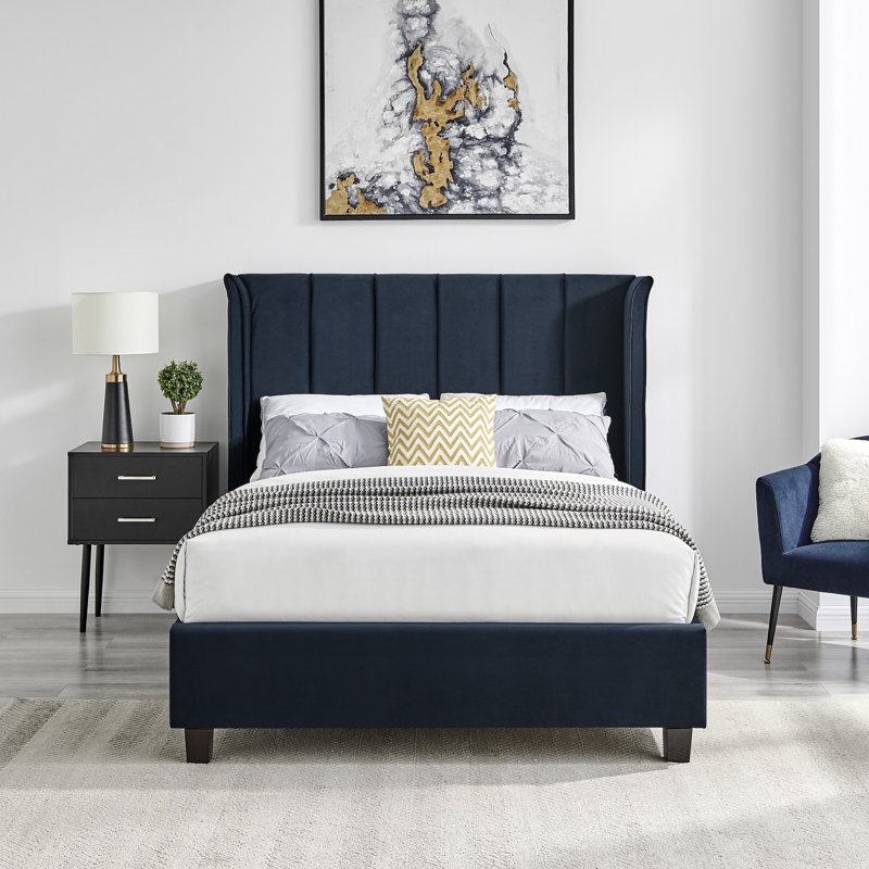 Aley Upholstered Bed, Double (4'6), Navy Blue
