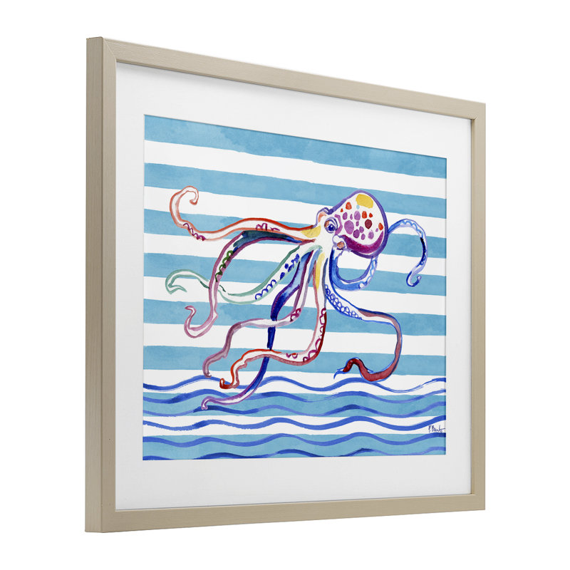 Pieuvre brossée sur rayures, reproduction encadrée sous verre, design par Paul Brent, H 17 po x l 21 po