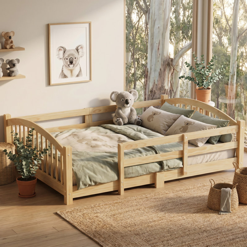Cadre de lit bas naturel en pin massif naturel Montessori, Lit double, Bois