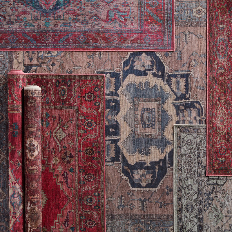 Beesley Machine Washable Blue/Dark Brown Rug, Rectangle 5'3" x 8'