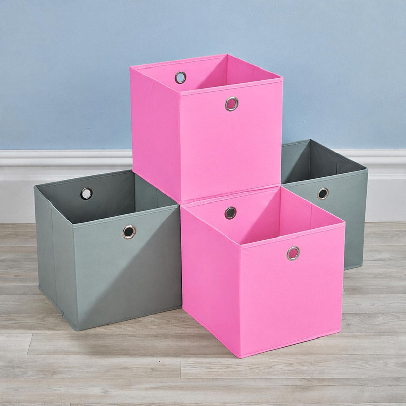 Pack of 4 Fabric Storage Cube Organiser Box, Grey/Pink