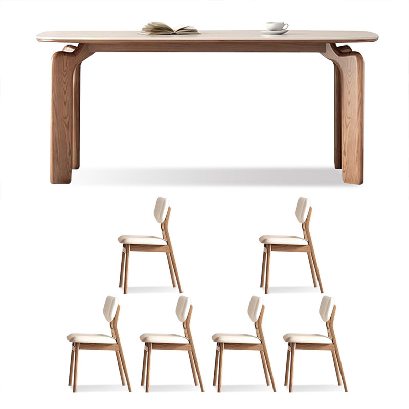 6 - Person White + Nut-brown Rectangular Sintered Stone + Solid Wood Dining Table Set, 29.53" H x 70.87" W x 31.50" D