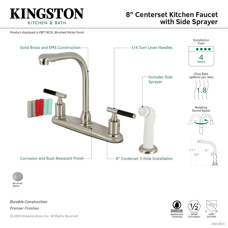 Kingston Brass Kaiser Two-Handle 4-Hole 8" Centerset Kitchen Faucet with Side Sprayer, Brushed Nickel/White