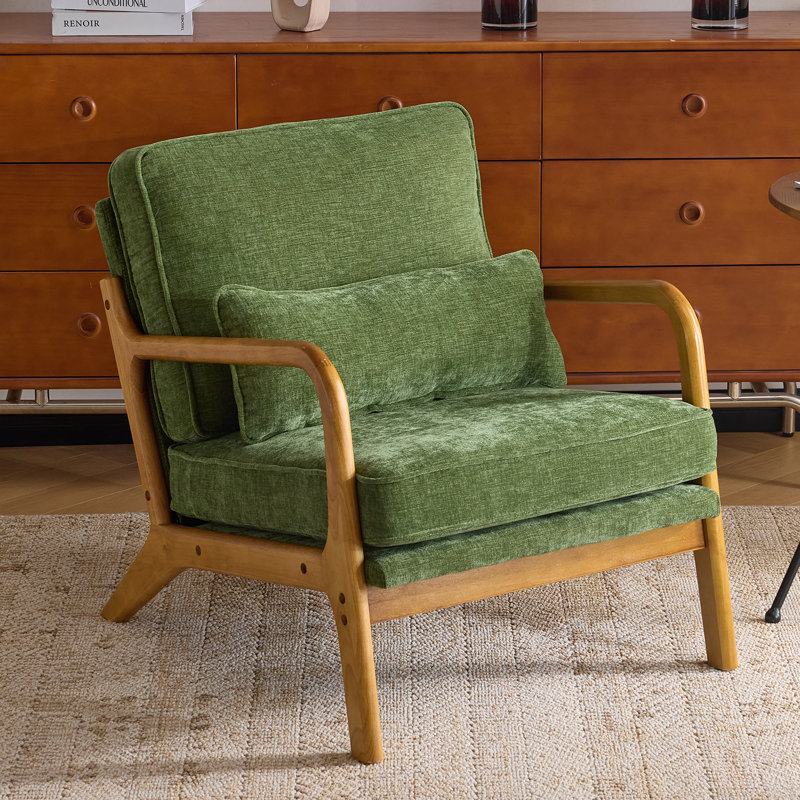 Mid Century Solid Wood Accent Chair Chenille Armchair, Green