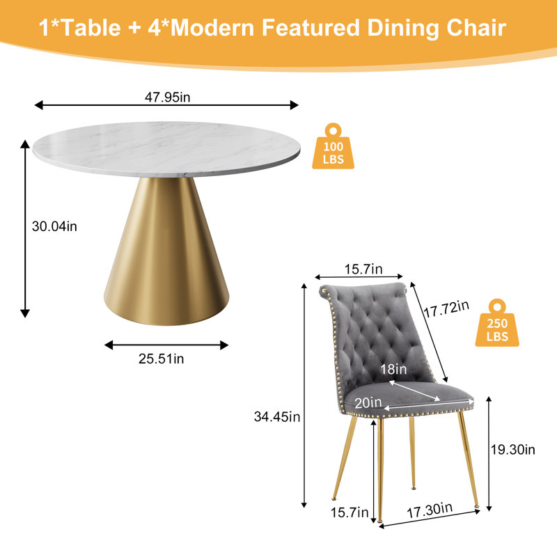 Magallanes 4-Person Round Marble Table Velvet Chairs Dining Set, Gray, White
