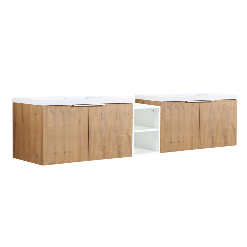 Meuble-lavabo à fermeture en douceur avec porte en céramique, porte et armoire de rangement, Imitation chêne