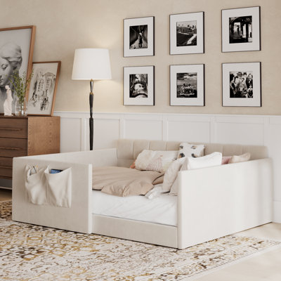 Lit gigogne convertible en velours rose avec poches de rangement