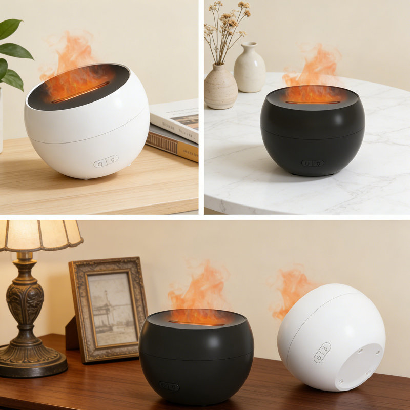 Ensemble de diffuseur d'huiles essentielles à effet de flamme simple (noir et blanc), diffuseur ultrasonique d'aromathérapie avec flamme et brume à DEL réaliste, super silencieux, arrêt automatique, boîte-cadeau de 2 paquets pour la maison, le bureau