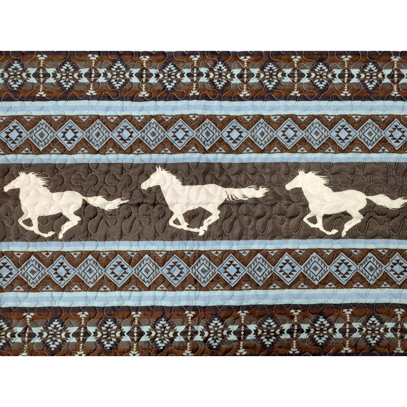 Pondering Trail White Horse Silhouette Southwestern Geometric 3-Piece Decorative Quilt Bedding Set