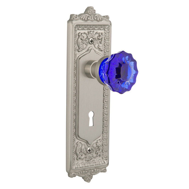 Egg & Dart Plate with Decorative Keyhole and Crystal Cobalt Door Knob, Satin Nickel