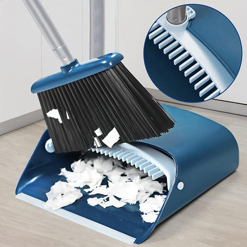 Blue Stainless Steel Long Handle Broom and Dustpan Set
