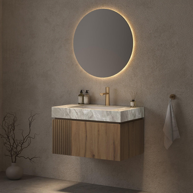 Meuble-lavabo mural simple 30 po avec lavabo, Chêne blanc