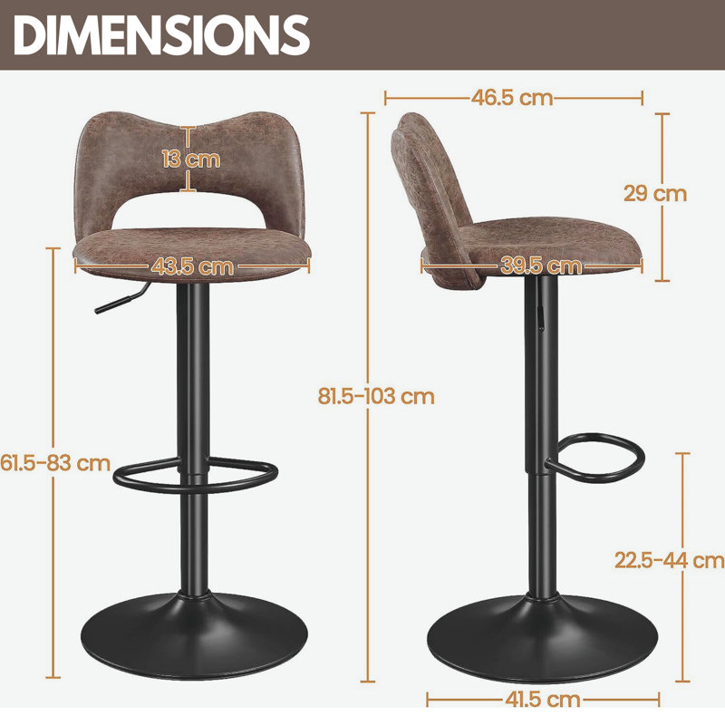 Namira 2Pc Height Adjustable Swivel Bar Stools Brown with Back & Footrest Kitchen Chair