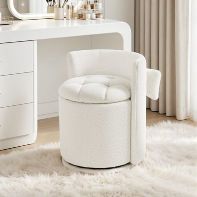 Teddy Fleece Vanity Stool with Backrest and Cozy Pillow, 360° Swivel Makeup Vanity Chair with Hidden Storage for Bedroom, Dressing, Living Room,Ivory