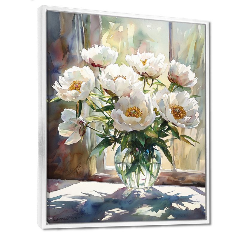 Pivoines et ombres géométriques II - décorations murales pivoines, Reproduction avec cadre flottant, H 44 po x l 34 po, Blanc