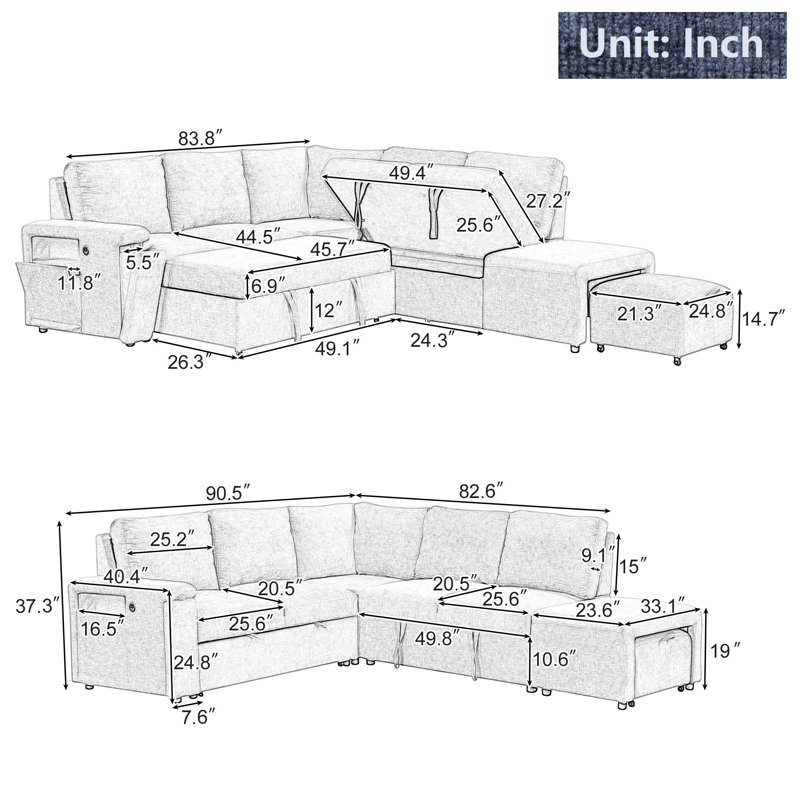 Upholstered Sofa with Storage Space and USB Ports, Blue Polyester