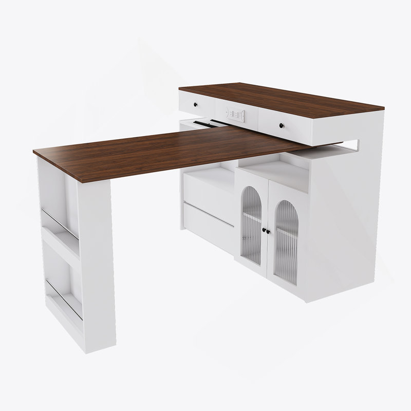 Kitchen Island With Extendable And Rotating Table, Wooden Kitchen Island With 4 Drawers, White/Brown Wood