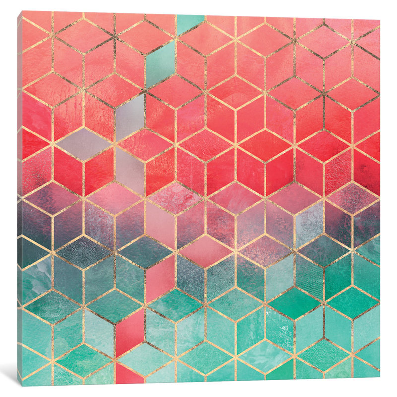«Rose and Turquoise Cubes», impression sur toile, H 12 po x l 12 po x P 1,5 po, Toile tendue, Pas de tapis