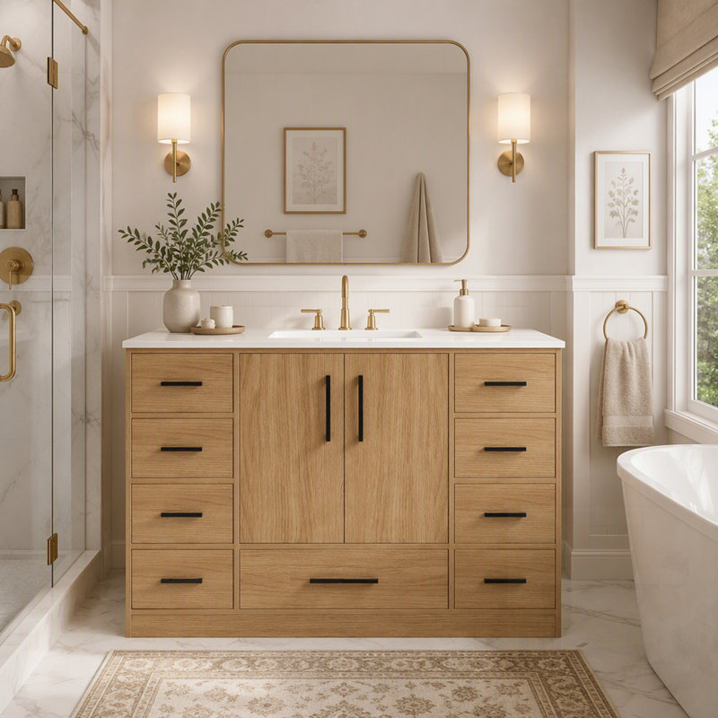 Meuble-lavabo de salle de bain avec rangement abondant, 2 portes à fermeture douce et 9 tiroirs pour une organisation élégante