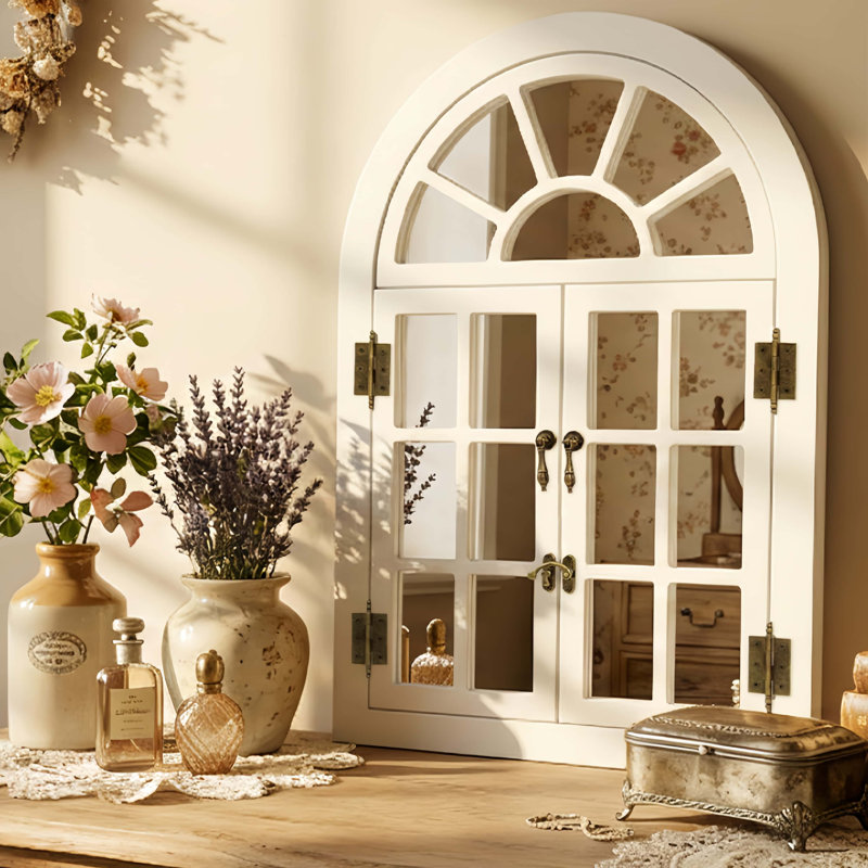 Arched Wooden Framed Wall Mirror With Opening Doors, Vintage Decorative Window Style Mirror, White, 36" x 24", Sun Top