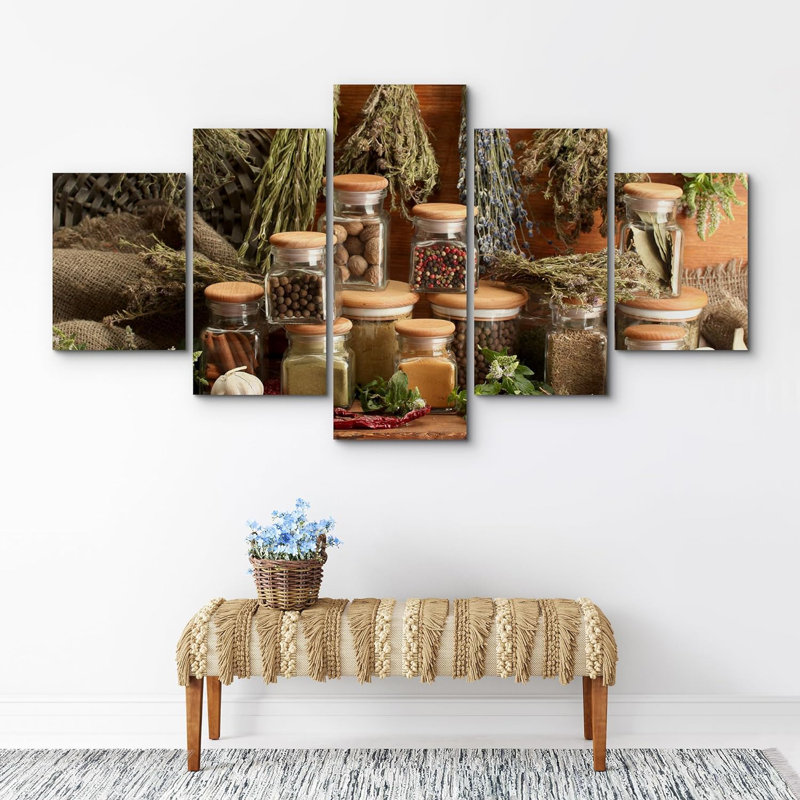 «Italian Style Jarred Spices Food Modern Kitchen», très grande impression sur toile, 5 pièces