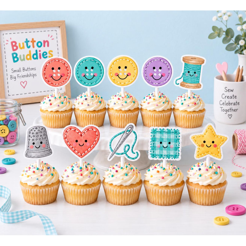 Button Buddies Cupcake Toppers, Colorful Sewing Craft Buttons Thread Spool and Stitched Heart Party Picks