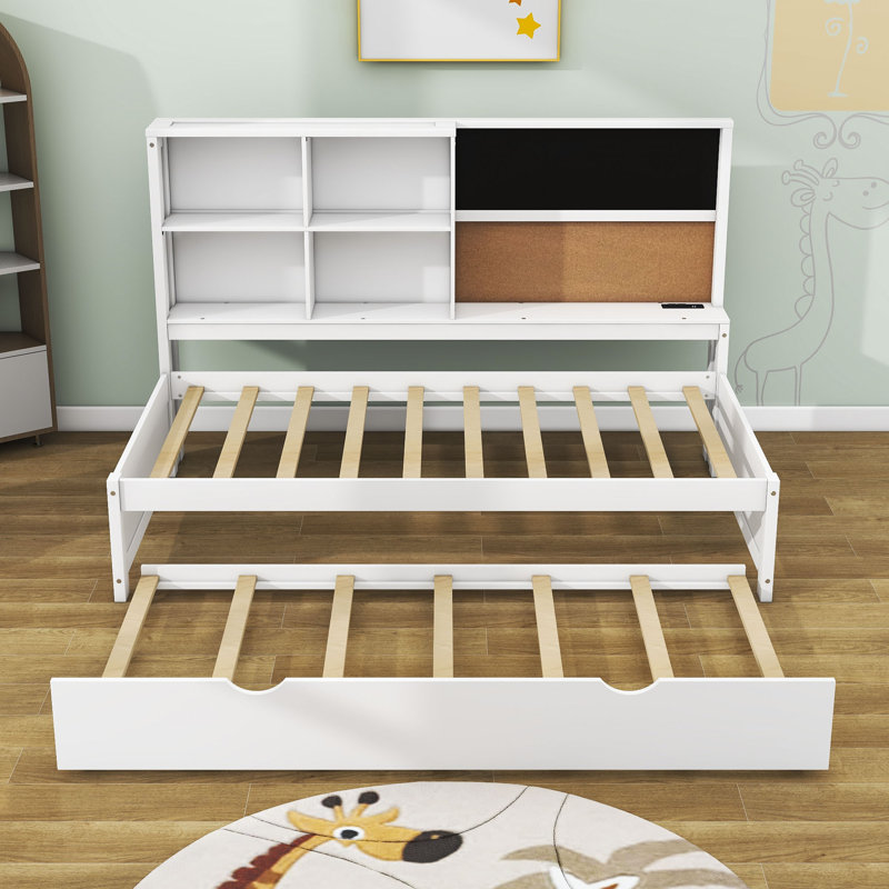 Adyant Wood Daybed with Trundle, Blackboard and Shelves, Twin